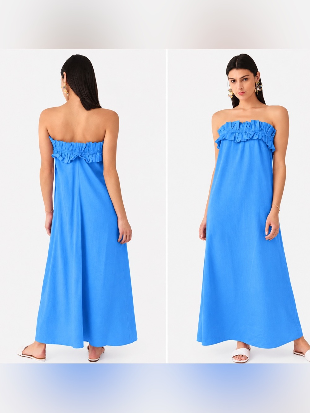 STARK X Women's Let's Party Dress Cotton Ruffle Strapless Maxi Size S in Blue
